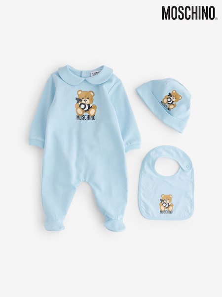 Moschino Blue Baby Logo Sleepsuit, Hat & Bib Giftset With Giftbox (F56881) | £179