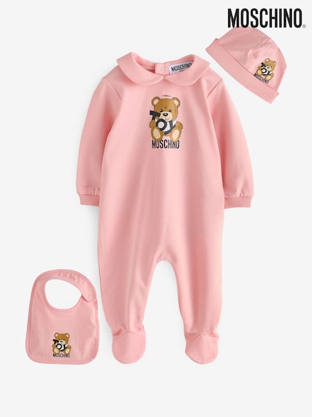 Moschino Pink Baby Logo Sleepsuit, Hat & Bib Giftset With Giftbox (F56889) | £179