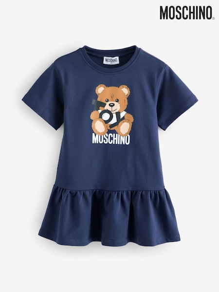 Moschino Blue Logo Jersey Short Sleeve Dress With Peplum Hem (F56904) | £85 - £94