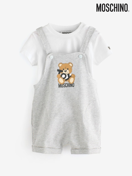 Moschino Grey Baby Logo Short Sleeve T-Shirt and Dungarees Set (F56905) | £168