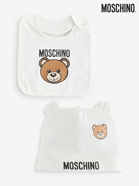 Moschino Cream Baby Logo Hat and Bib Giftset With Giftbox (F56910) | £80
