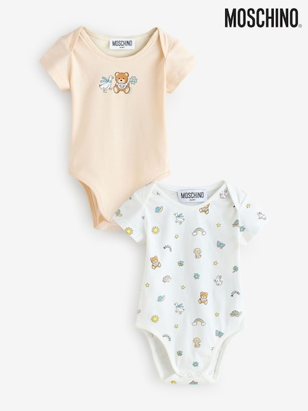 Moschino Natural Baby Logo Bodysuits 2 Pack With Giftbox (F56922) | £125
