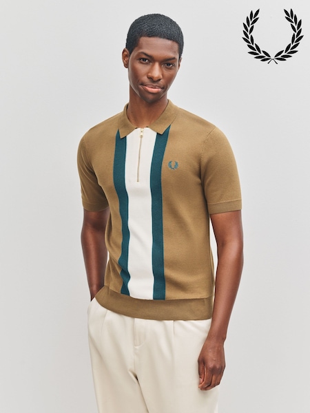 Fred Perry Textured Stripe Knitted Brown Shirt (F56986) | £130