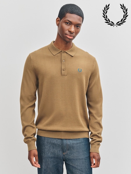 Fred Perry Brown Classic Knitted Long Sleeve Shirt (F56988) | £140