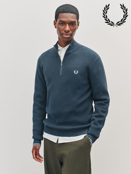 Fred Perry Blue Waffle Stitch Half Zip Jumper (F57013) | £130