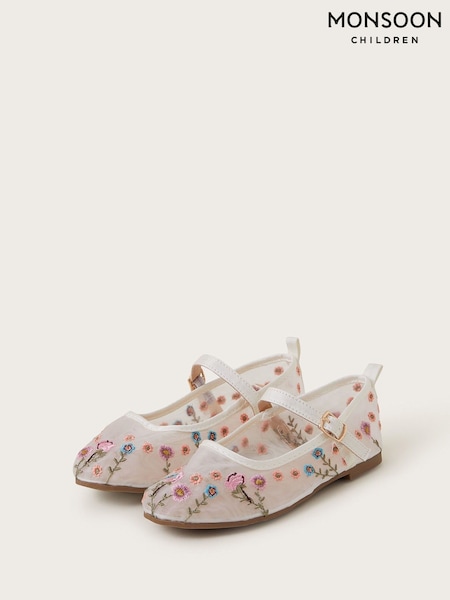 Monsoon Natural Floral Embroidered Mesh Ballet Flats (F57169) | £26 - £30