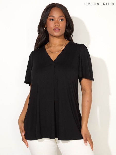 Live Unlimited Black Curve Print Pleat Front Flutter Sleeve Top (F57189) | £49