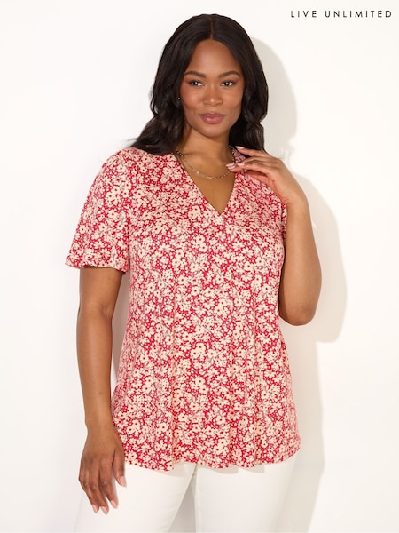 Live Unlimited Red Curve Ditsy Print Pleat Front Flutter Sleeve Top (F57199) | £55