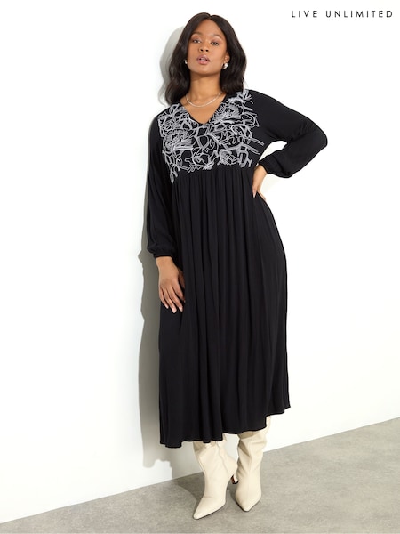 Live Unlimited Black Petite Curve Embroidered Viscose Crinkle Dress (F57235) | £89