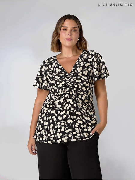 Live Unlimited Black Curve Print Ruched Flutter Sleeve Top (F57237) | £65