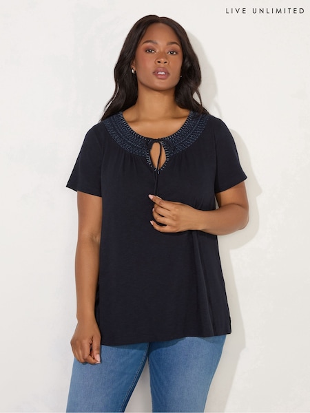 Live Unlimited Blue Curve Embroidered Shirred 100% Cotton Neck Top (F57250) | £59