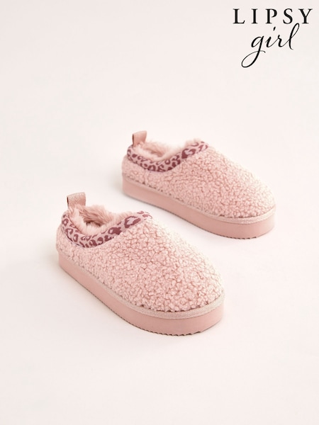 Lipsy Pink Standard Fit (F) Leopard Print Trim Borg Fluffy Slip On Mule Slippers (F57463) | £18 - £22