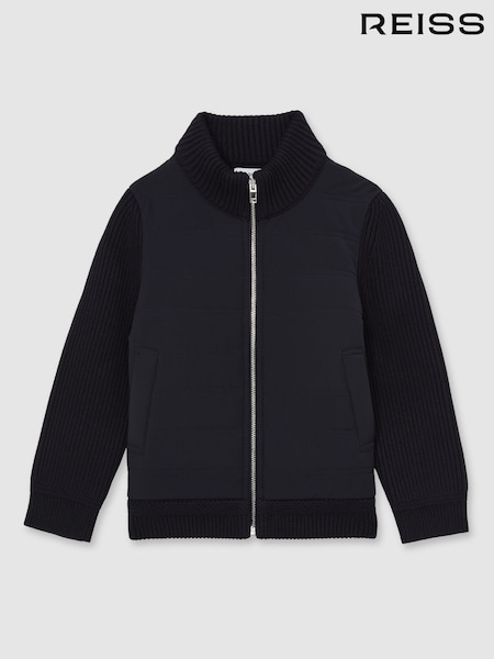 Reiss Navy Southend 13-14 yrs Hybrid Quilt and Knit Zip Through Jacket (F57552) | £470