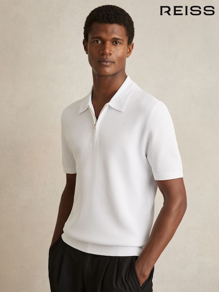 Reiss White Regis Textured Half-Zip Polo Shirt (F57553) | £98