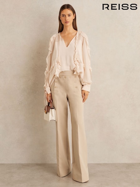 Reiss Neutral Sidney Petite Button-Detail Wide-Leg Trousers (F57560) | £178