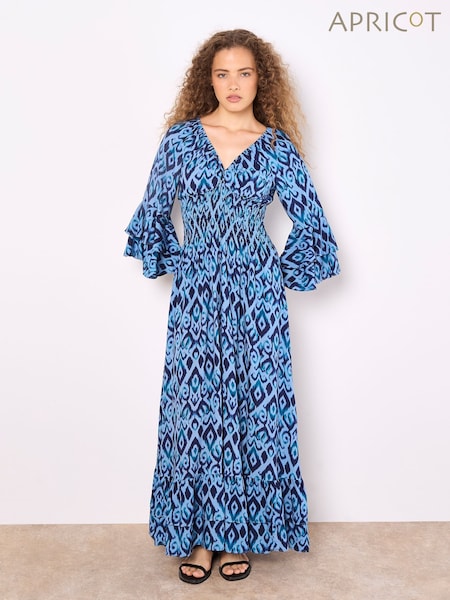 Apricot Blue Ikat Swirls Bell Sleeve Maxi Dress (F57570) | £46