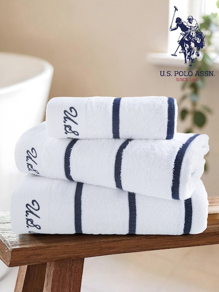 U.S. Polo Assn. Bright White Pure Cotton Satin Stripe Towel (F57650) | £35 - £45
