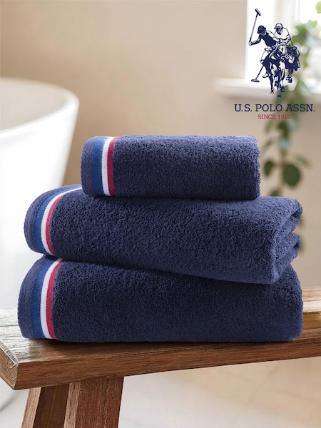 U.S. Polo Assn. Navy Iris Pure Cotton Brand Stripe Towel (F57660) | £30 - £40