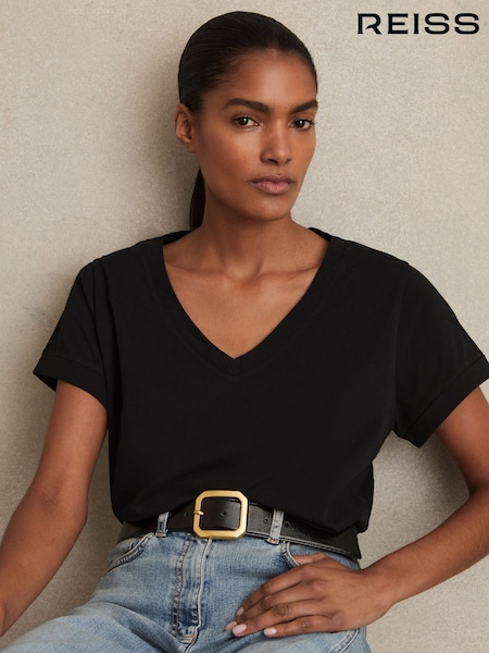 Reiss Black Luna Brushed-Cotton V-Neck T-Shirt (F57882) | £35