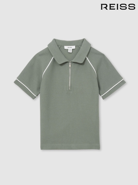 Reiss Sage Green Lolland Cotton Textured Half Zip Polo Shirt (F57902) | £34