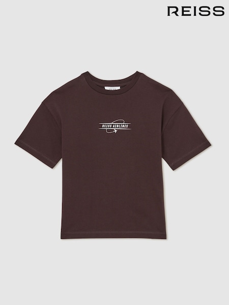 Reiss Chocolate Brown/Off White Ivan Cotton Airlines-Print Oversize T-Shirt (F57912) | £24