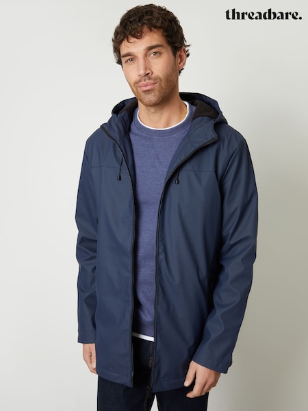 Threadbare Blue Microfleece Lined Hooded Rubberised Raincoat (F57941) | £50