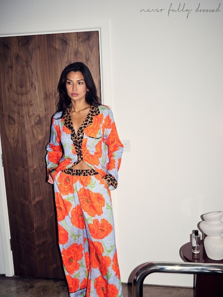 Never Fully Dressed Orange Poppy Leopard Print Viscose Button Through Pyjamas (F58075) | £59