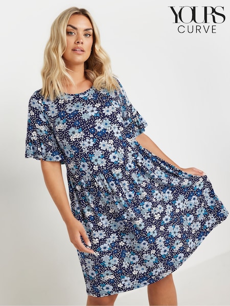 Yours Curve Blue Floral Frill Dress (F58193) | £31