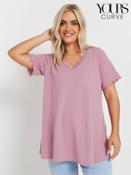Yours Curve Pink Slub Sleeve Lace Insert T-Shirt (F58249) | £22