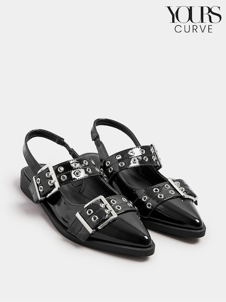 Yours Curve Black Wide Fit Flat Point Buckle Patent Shoes (F58264) | £37