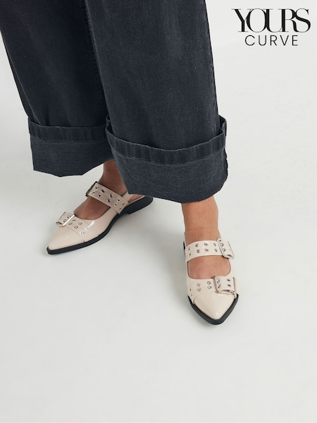 Yours Curve White Wide Fit Flat Point Buckle Patent Shoes (F58274) | £37
