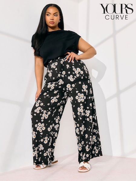 Yours Curve Black Jersey Print Wide Leg Trousers (F58304) | £29