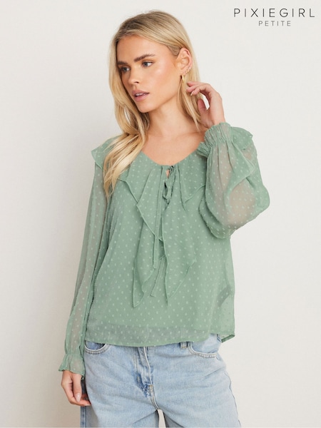 PixieGirl Petite Green Dobby Frill Long Sleeve Blouse (F58714) | £29
