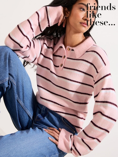 Friends Like These Pink Stripe Knitted Polo Collar Top (F58776) | £38