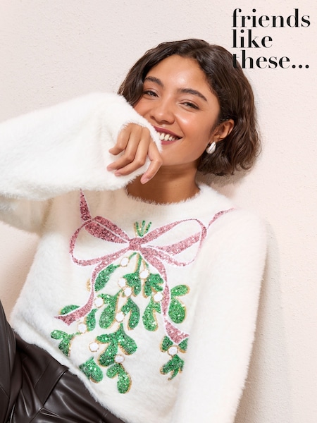 Friends Like These Ivory Eyelash Sequin Mistletoe Jumper (F58789) | £34