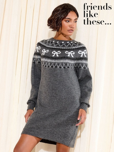 Friends Like These Grey Fairisle Bow Mini Dress (F58832) | £45