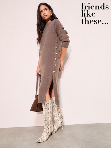 Friends Like These Neutral Statement Button Knitted Maxi Dress (F58838) | £45