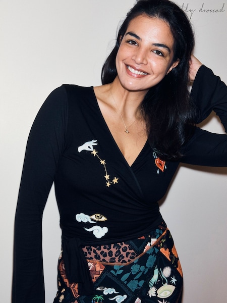 Never Fully Dressed Black Embroidery Viscose Ballet Wrap Top (F58880) | £42