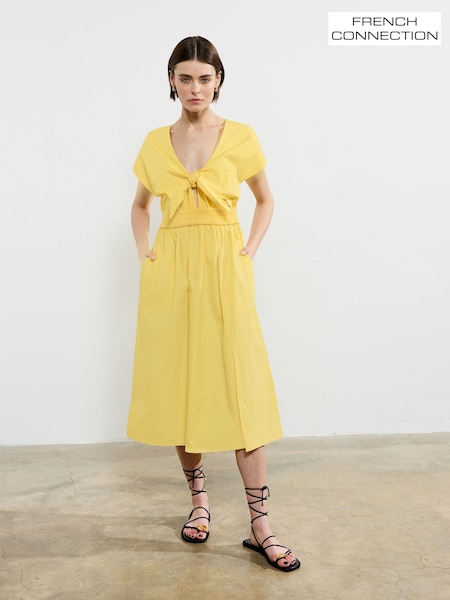 French Connection Yellow Barletta Poplin Tie Midi 100% Cotton Dress (F58965) | £89