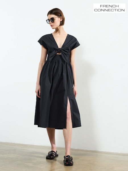 French Connection Blue Barletta Poplin Tie Midi 100% Cotton Dress (F58979) | £89