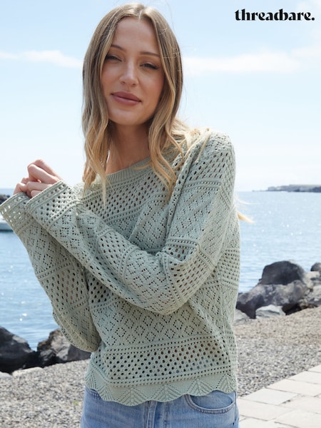 Threadbare Green Long Sleeve Pointelle Crochet Knit Jumper (F59097) | £28