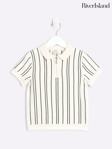 River Island Cream chrome Boys Ecru Vertical Stripe 100% Cotton Polo Shirt (F59286) | £15