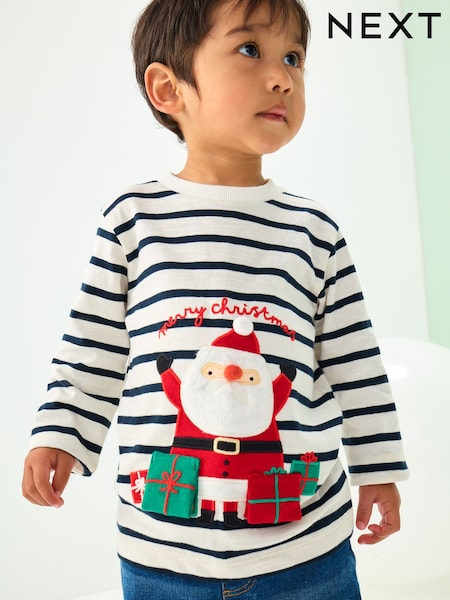 White/Blue Santa Appliqué Christmas Long Sleeve T-Shirt (3mths-7yrs) (F59412) | £9 - £11