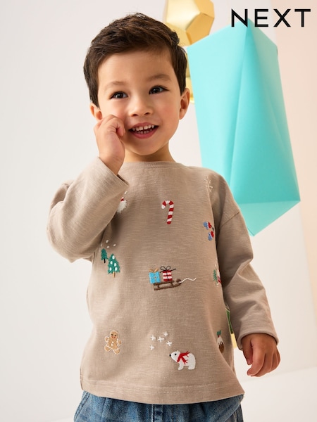 Stone All-Over Embroidered Christmas Long Sleeve T-Shirt (3mths-7yrs) (F59417) | £8.50 - £10.50