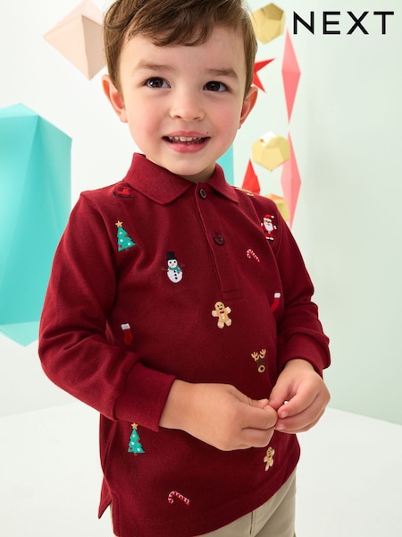 Berry Red Christmas All-Over Embroidered Long Sleeve Polo Shirt (3mths-7yrs) (F59446) | £12 - £14