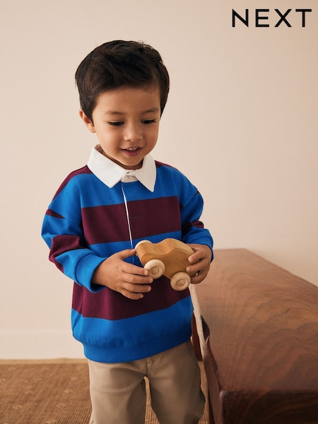 Cobalt Blue and Burgundy Striped Long Sleeve Rugby Polo Shirt (3mths-7yrs) (F59455) | £12 - £14
