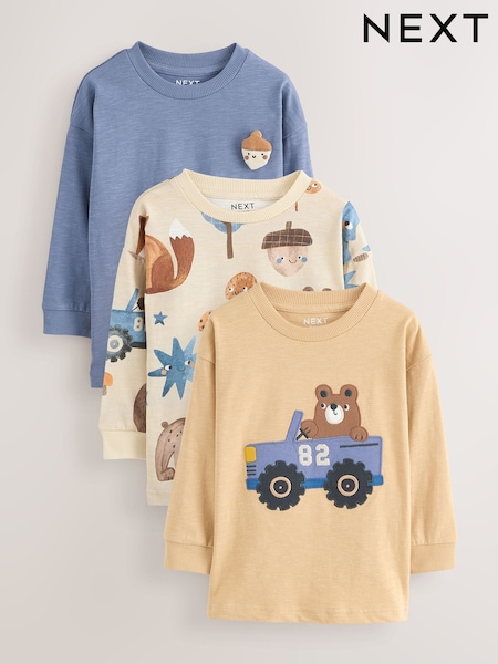 Blue Woodland Long Sleeve Appliqué T-Shirts 3 Pack (3mths-7yrs) (F59458) | £20 - £24
