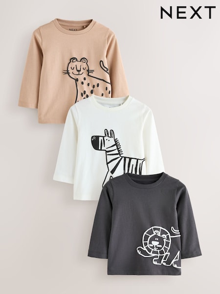 Tan/White/Black Safari Long Sleeve Graphic Print T-Shirts 3 Pack (3mths-7yrs) (F59459) | £15 - £19
