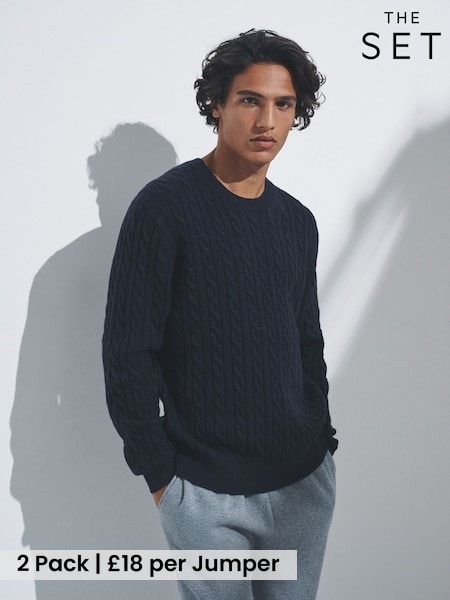 The Set Navy Blue/Brown 2 Pack Cable Knit Jumpers with Wool (F59538) | £36