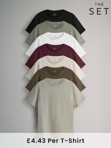 The Set Black/Burgundy/Dark Khaki/Light Khaki/Cream/White 7 Pack Slim Fit Short Sleeve T-Shirts (F59558) | £31